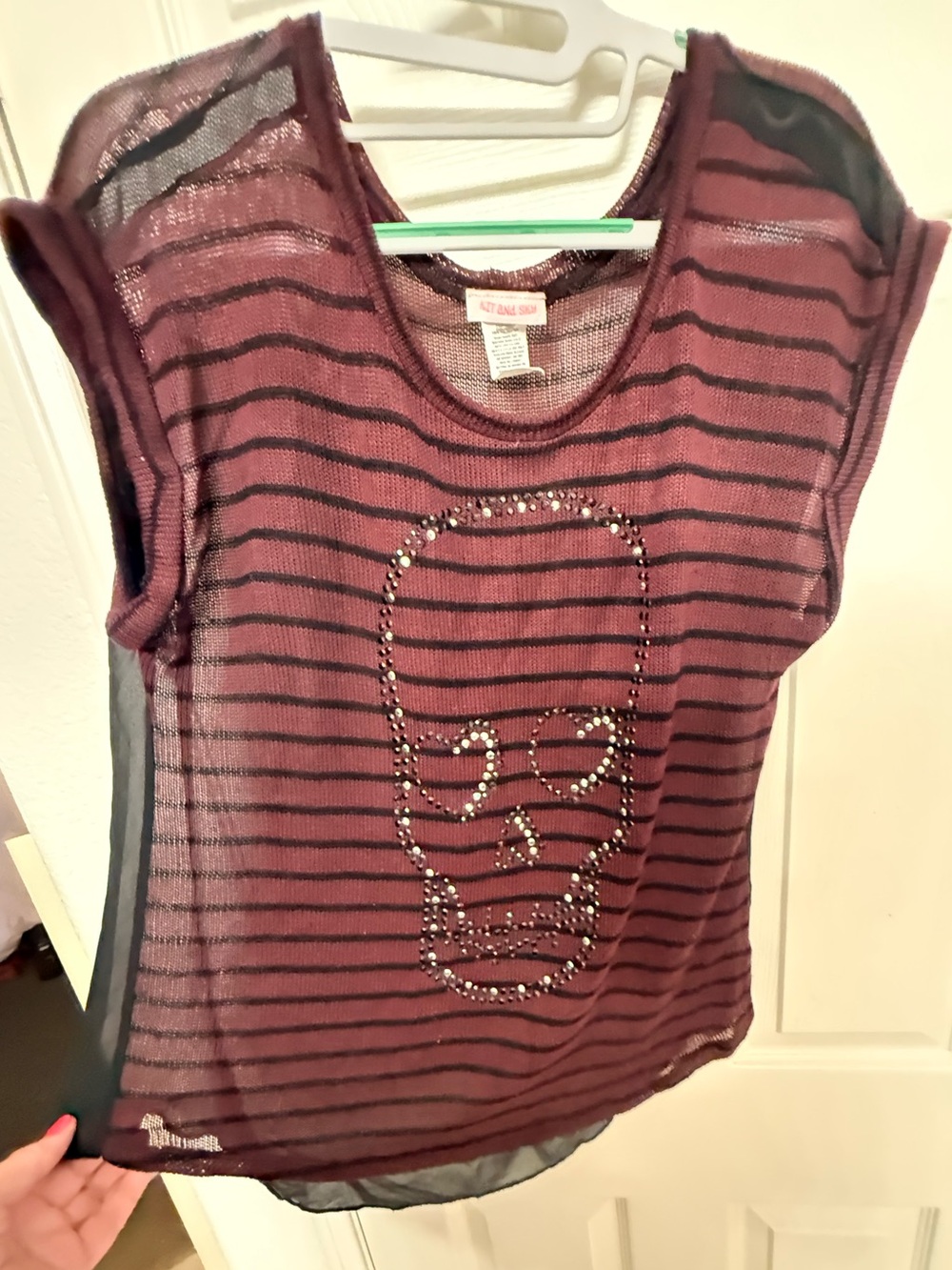 Burgundy Striped Mesh Top with Studded Skull